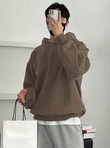 DAZY Men's Casual Dropped Shoulder Plain Hooded Sweatshirt, Autumn - Brown - View 2