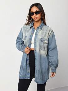SHEIN EZwear Women Loose Fit Long Sleeve Blue Denim Jean Jacket, Casual - Blue - View 5