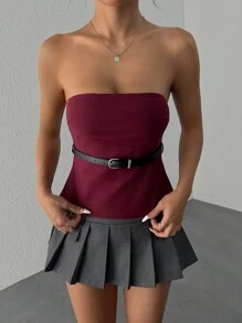 SHEIN EZwear 女士纯色百搭抹胸上衣 - 酒紅色 - 查看 5