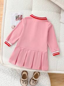 SHEIN Baby Mädchen süßes rosa Herz Muster Polokragen Langarm Rüschensaum Campuskleid, Herbst/Winter
