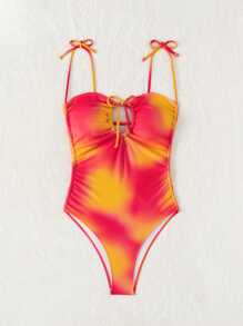 1pc Tie-Dye Printed Removable Clip V-Neck One-Piece Swimsuit, Vacation Style Summer - Multicolor - View 6