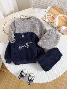 SHEIN 4pcs/Set Baby Boy Solid Color Fluffy Warm Long Sleeve Sweatshirt And Pants Set, Casual Home/Outdoor Outfits For Autumn/Winter