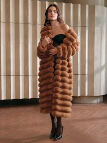 Anewsta 仿皮草长款大衣，时尚女士皮草外套，秋冬 - 鏽棕色 - 查看 8