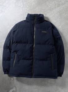 Manfinity Homme Men's Casual Solid Color Zip Up Hooded Padded Coat, Winter