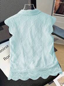 Chiquease Blusa de trabajo elegante para mujer con parche de encaje y ribete de concha de unicolor minimalista sin mangas