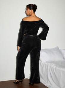 SHEIN ICON Conjunto de Top de manga larga con hombros descubiertos y pantalones lisos de talla grande - Negro - Ver 2