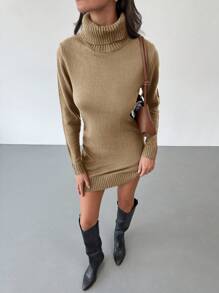 Aloruh New High Collar Comfortable Warm Underlayer Versatile Coffee Color Knit Short Bodycon Sweater Dress - Camel - View 5