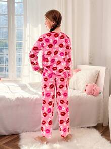 SHEIN Tween Girls 2pcs/Set Soft Cozy Double-Sided Flannel Cartoon Lip Print Long Sleeve Sweatshirt And Pants Pajama Set, Autumn/Winter - Pink - View 2