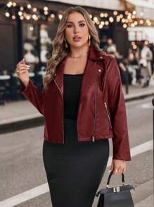 SHEIN Clasi Plus Size Women Autumn/Winter PU Leather Motorcycle Jacket With Metal Zipper Decor - Burgundy - View 5
