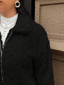 SHEIN Frenchy Plus Size Women's Casual Simple Fluffy Long Sleeve Jacket,Winter Clothes - Black - View 7