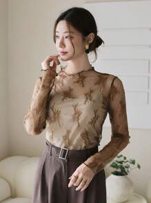 DAZY 女士花卉蕾丝透视长袖上衣