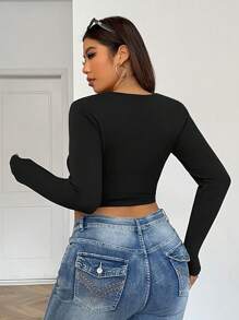 SHEIN EZwear Plus Size Women's Party Tops Square Neck Fitted Asymmetrical Hem Long Sleeve Black T-Shirt,Winter Clothes For Women