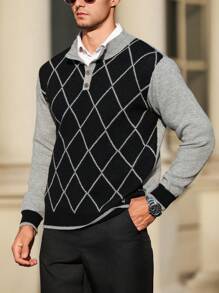 Manfinity Homme Men's Color Block Argyle Pattern Knitted Long Sleeve Graphic Colorful Collared Sweater, Casual Autumn/Winter, For Friends, Work