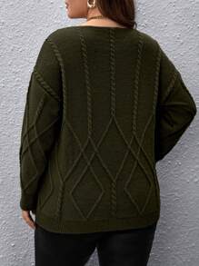 SHEIN Clasi Plus Size Solid Color Scoop Neck Casual Pullover Sweater, Winter Knit Pullover Fall - Dark Green - View 2