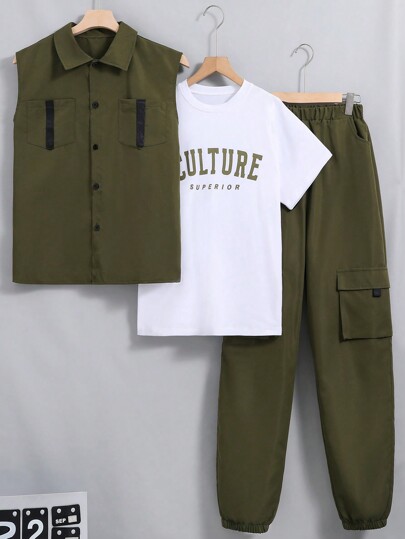 SHEIN Teen Boy Cool Vest, Short Sleeve T-Shirt & Cargo Pants Three-Piece Set