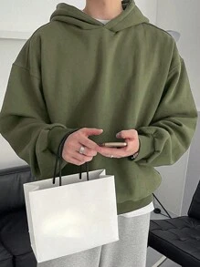 DAZY 男士休闲落肩纯色连帽衫，适合日常穿着，秋季 - 軍綠色 - 查看 3