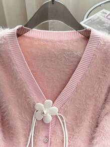 SHEIN LUNE Fluffy Thickened Elegant Cardigan Autumn/Winter Jacket, Pink Sweater - Baby Pink - View 5