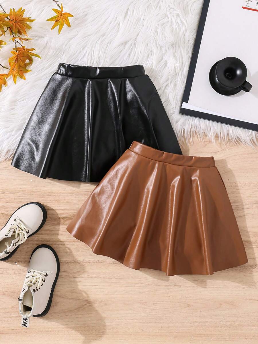 SHEIN 2 件装年轻女孩和年轻女孩 PU 皮革半圆裙，适合日常休闲穿着 - 彩色 - 查看 1