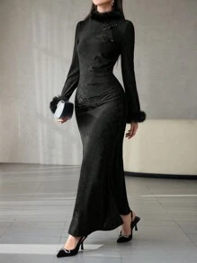 Modelyn Women Long Sleeve Elegant Mandarin Collar Mermaid Dress' Maxi Women Outfit Long Evening Dresses Fall Cloth For Women - Black - View 7