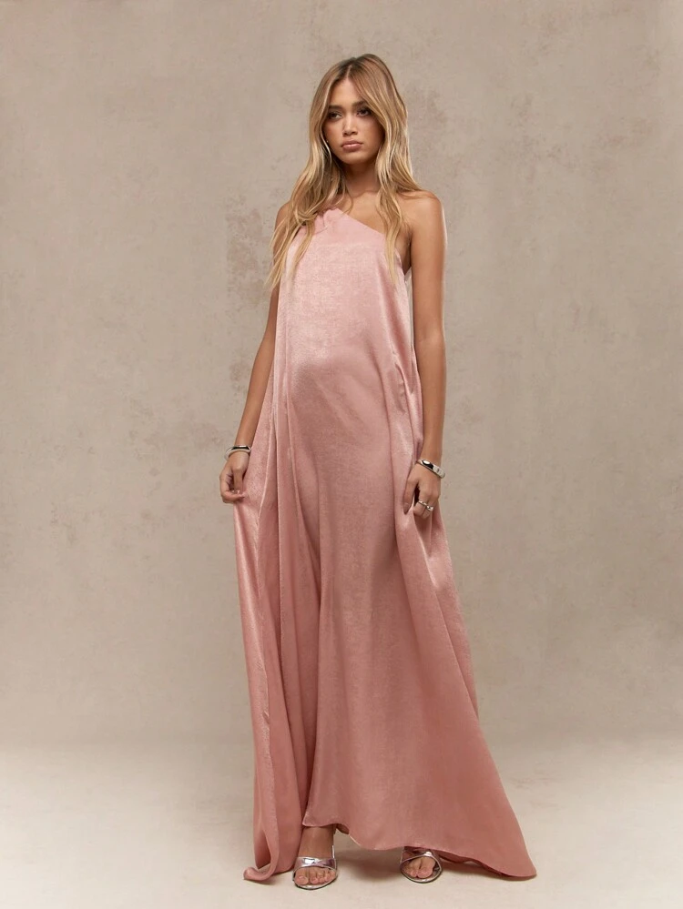 MISSGUIDED Asymmetric Textured Satin One Shoulder Flowy Maxi Dress MISSGUIDED