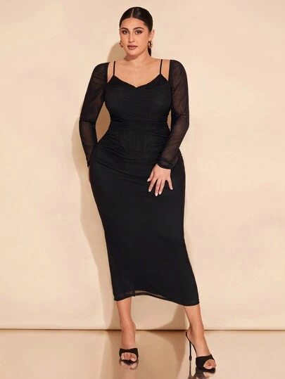 SHEIN BAE Plus Size Women's Autumn And Winter Elegant Lace Patchwork Waist Gathered Long Sleeve Dress, Suitable For Daily Dating, For Ladies,Formal,Roaring 20s Dress,Tea Party Outfit,Valentine's Day Dress,Office Attire