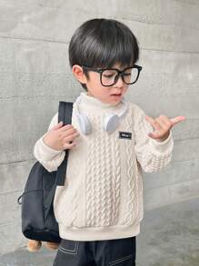 SHEIN Leap Crew Young Boy Interlocking Cable Knit Letter Graphic Stand Collar Sweatshirt - Apricot - View 4