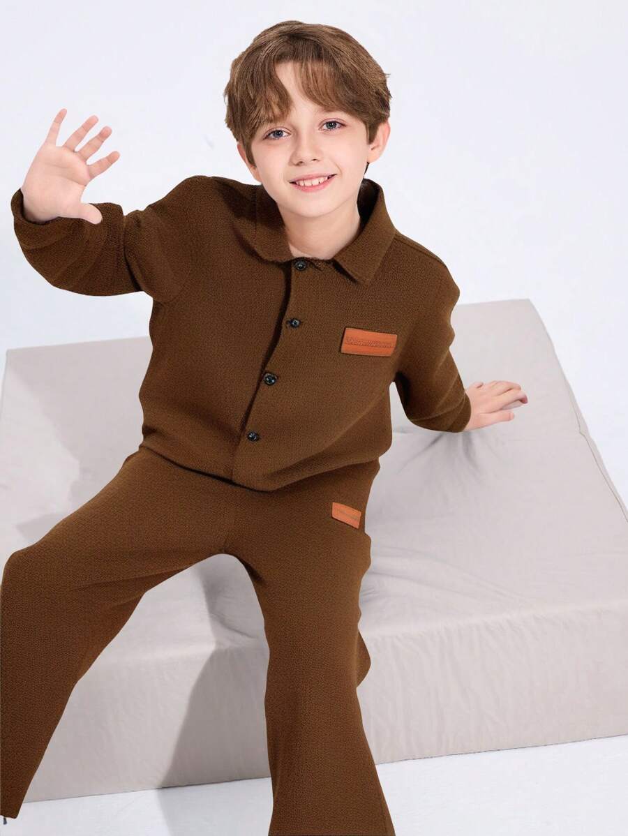 SHEIN Tween Boy Solid Color Cardigan Collar Top & Solid Color Pants, Fall (10), Winter (5), Brown 2 Pieces Set - Brown - View 1