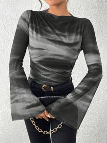 Chiquease Damen Herbst/Winter amerikanischer Vintage Batik-Mesh bedrucktes figurbetontes plissiertes Dekor Langarm Basis T-Shirt für Frühling Herbst Kleidung für Frauen