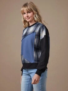 WESTFADE Mixed Media Western Patchwork Crewneck Long Sleeve Sweatshirt