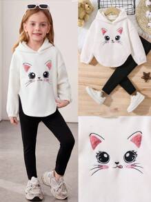 2 piezas - Conjunto de niña joven con sudadera con capucha con gráfico lindo de gato y pantalones acampanados de punto ajustados