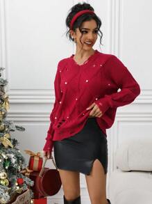 Chiquease Women's Simple V-Neck Faux Pearl Knitted Sweater, Solid Color Casual For Everyday Wear, Suitable For Autumn And Winter For New Year Fall - Red - View 4