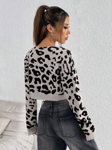 SHEIN Unity 女士豹纹 V 领落肩长袖宽松休闲毛衣，秋冬 - 灰色 - 查看 2