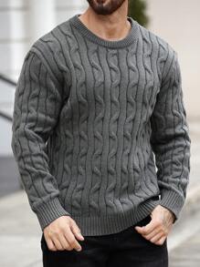 Manfinity Homme Men's Casual Solid Color Plain Crew Neck Pullover Long Sleeve Sweater, Autumn/Winter, For Going Out, Husband