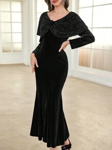 Modelyn Robe fourreau en tricot à encolure en V élégante avec pièce en velours sur les épaules pour femme. Longue robe de soirée pour femmes