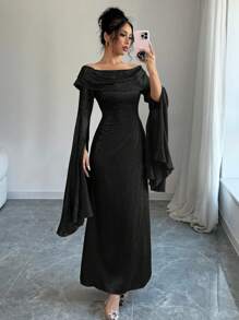 Rafferiza Vestido de manga larga con abertura, hombros descubiertos, cintura plisada, vestido de gala elegante de longitud máxima para mujeres