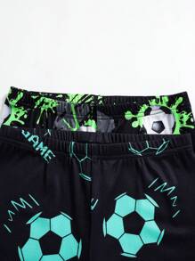 SHEIN Conjunto de pijama de 4 piezas para niño preadolescente con top de manga larga raglán con gráfico de fútbol fluorescente de cuello redondo y pantalones ajustados y cómodos