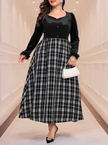 Modelyn 大码女式格子拼接毛绒袖口优雅 A 字中长连衣裙，秋季