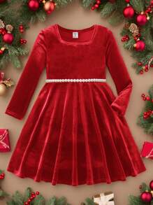 Young Girl 1pc Fashion & Cute Square Neck Flared Velvet Dress, A-Line Dress, Elegant Long Sleeve Cake Dress, For Birthday Party, Vacation, Great For Casual & Daily Wear & School Daily In Autumn & Winter, For Kid Christmas, Mom And Daughter Matching,Sister And Me Matching.