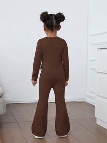 SHEIN 年轻女孩休闲花卉灰色圆领褶皱长袖修身针织上衣和喇叭裤套装，适合居家和户外、旅行装机场 - 棕色 - 查看 2
