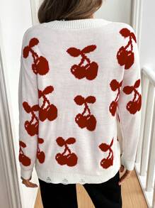 SHEIN Frenchy Women Cherry Pattern V-Neck Drop Shoulder Long Sleeve Loose Sweater, Autumn & Winter Casual - Multicolor - View 2