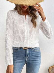 SHEIN VCAY Women's Solid Color V-Neck Loose Long Sleeve Woven Blouse