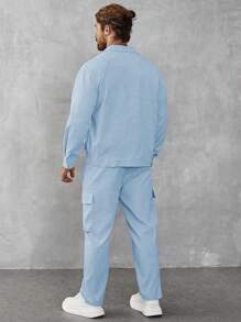 Manfinity CasualCool Men's Solid Color Front Button Pocket Long Sleeve Jacket And Drawstring Waist Long Pants Set - Blue - View 2