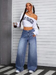 SHEIN ICON Damen Relaxed Fit Gerade Jeans in gewaschener Optik mit Taschen