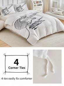 2/3 件黑白吉他素描数码印花涤纶羽绒被套套装，时尚简约现代风格，适合所有季节（1 个羽绒被套 + 1/2 个枕套） - 黑與白 - 查看 6