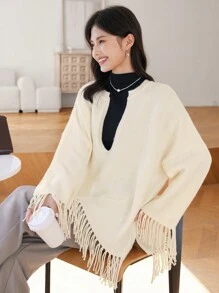 DAZY Women's Oversized V-Neck Tassel Relaxed Knit Sweater Fall