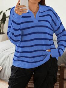 Flirla 大码女式法式条纹翻领落肩长袖针织毛衣，秋冬款 - 彩色 - 查看 5
