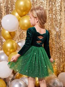 SHEIN Abito a maglia da ragazza con collo rotondo, schiena traforata e colore unito - Verde - Visualizzare 7