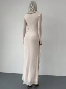 Aloruh 万圣节反乌托邦风格黑色连帽长袖开衩荷叶边连衣裙（女款） - 杏色 - 查看 2