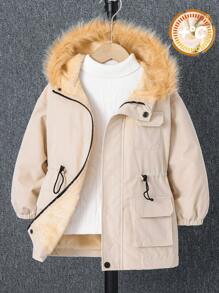 1pc Casual Comfortable Warm White Fleece Hooded Jacket With Pockets For Young Boys, Suitable For Outings, School, Daily Occasions, Autumn And Winter Seasons