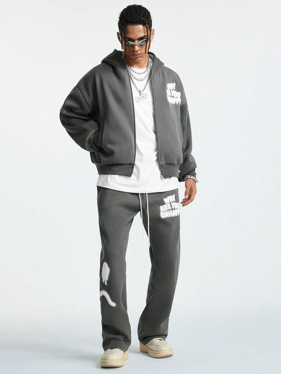 Manfinity VCAY Men's Loose Knitted Long Sleeve Sweatsuit Set, For Fall Winter - Grey - View 1